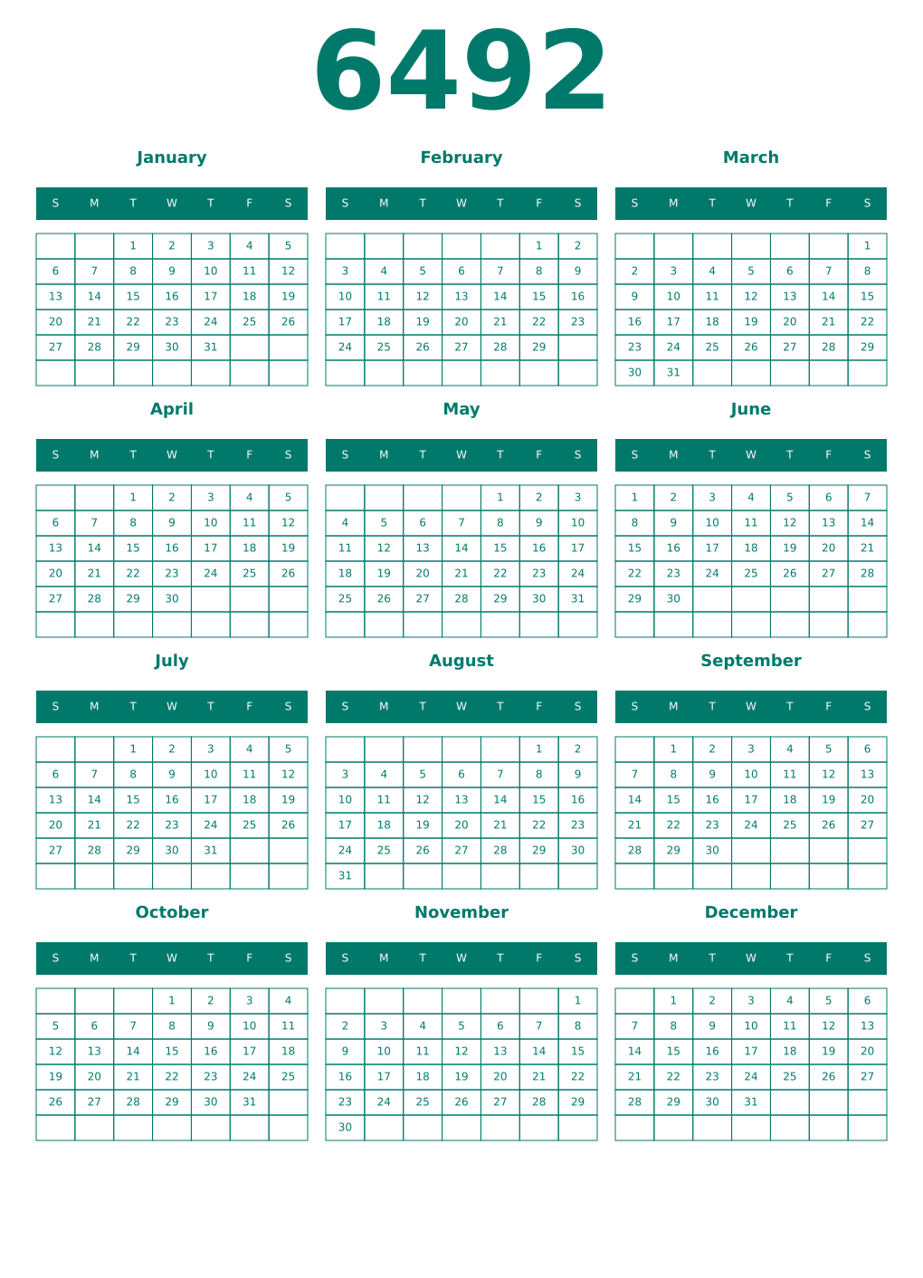 Printable 6492 Year Calendars pastel