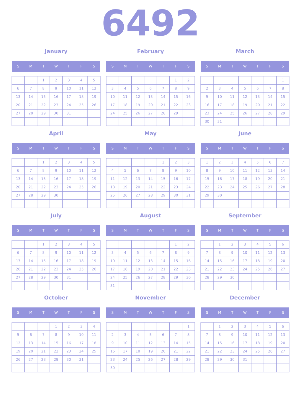 Printable 6492 Year Calendars periwinkle