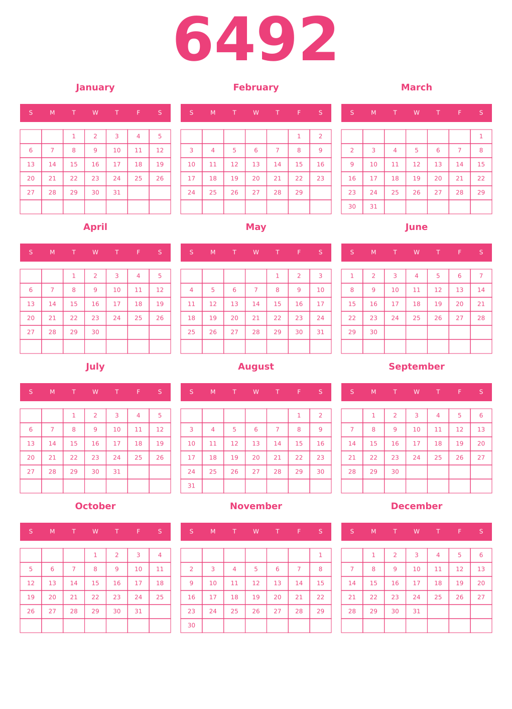 Printable 6492 Year Calendars pink