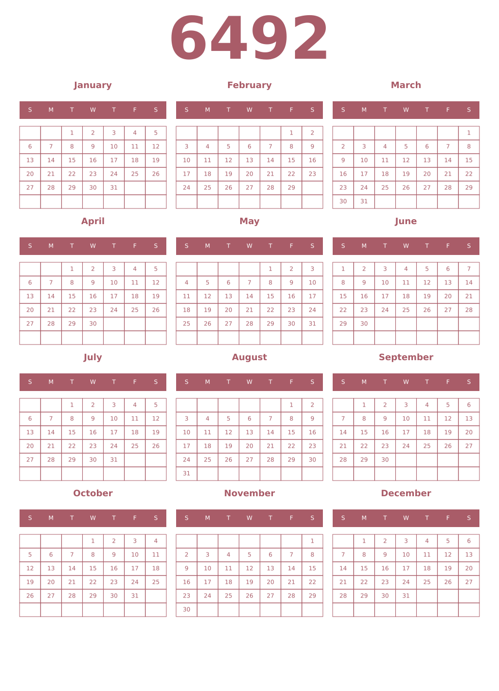Printable 6492 Year Calendars puce