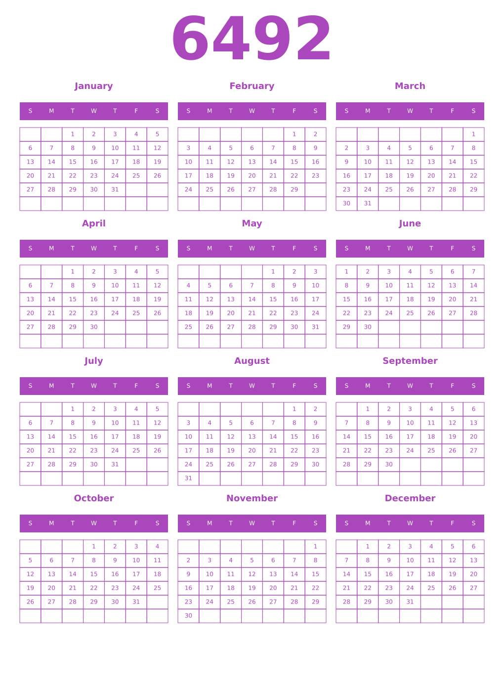 Printable 6492 Year Calendars purple