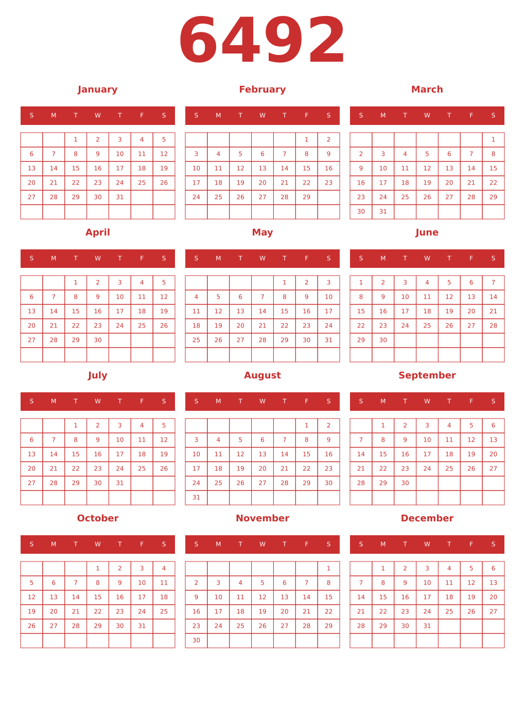 Printable 6492 Year Calendars red
