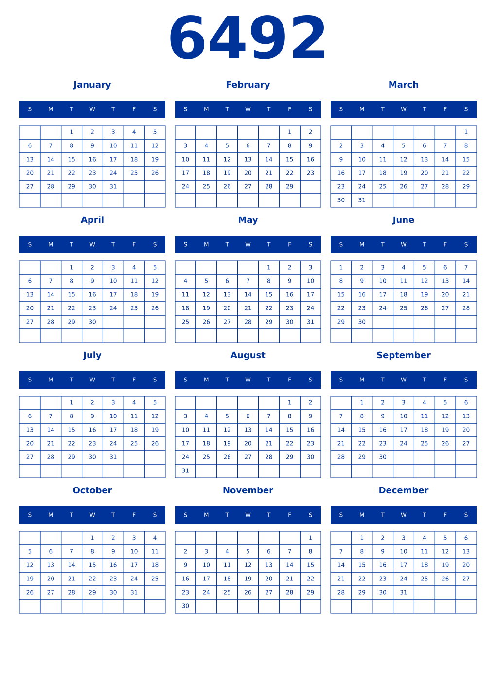Printable 6492 Year Calendars smalt