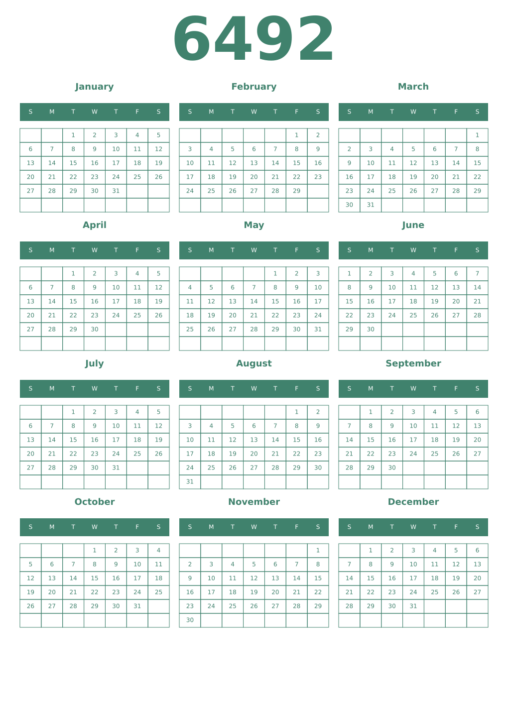 Printable 6492 Year Calendars viridian