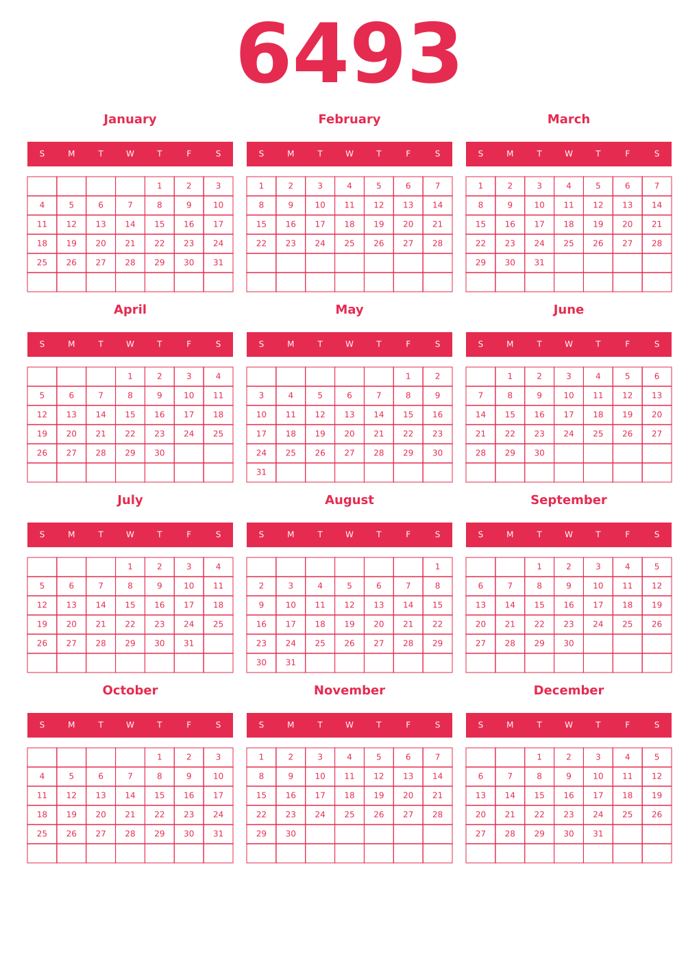 Printable 6493 Year Calendars amaranth