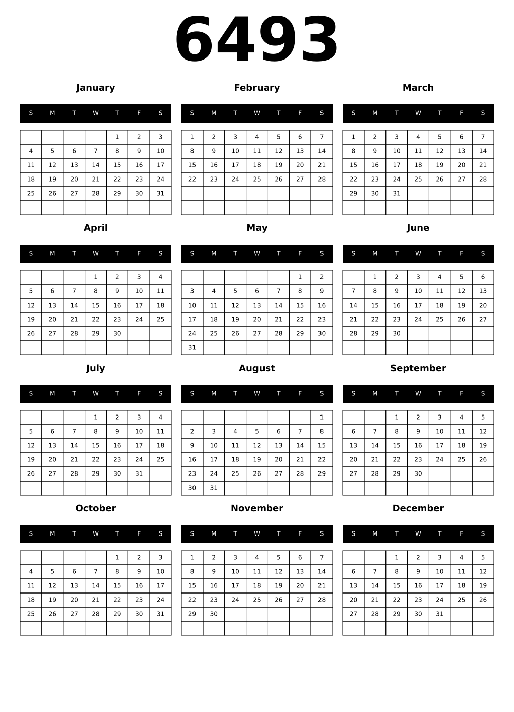 Printable 6493 Year Calendars black
