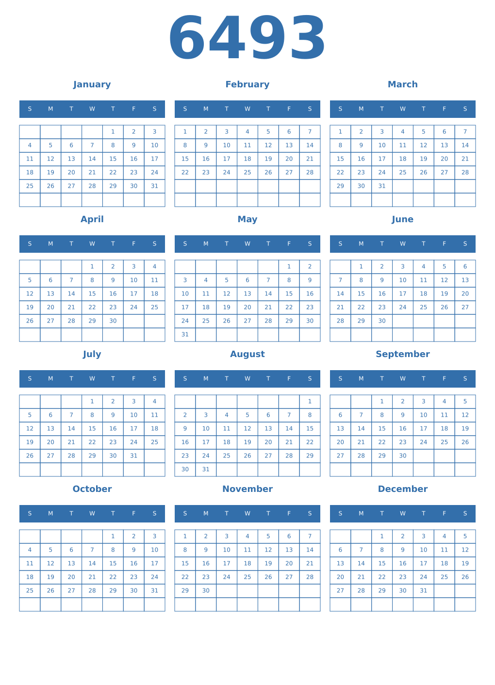 Printable 6493 Year Calendars blue