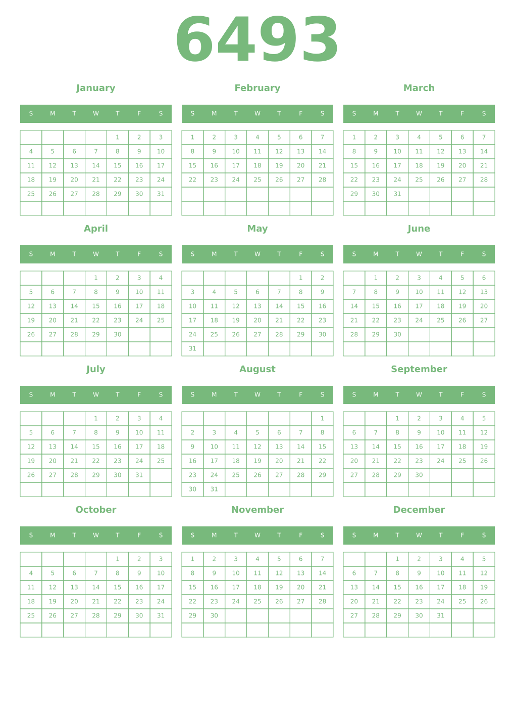Printable 6493 Year Calendars celadon