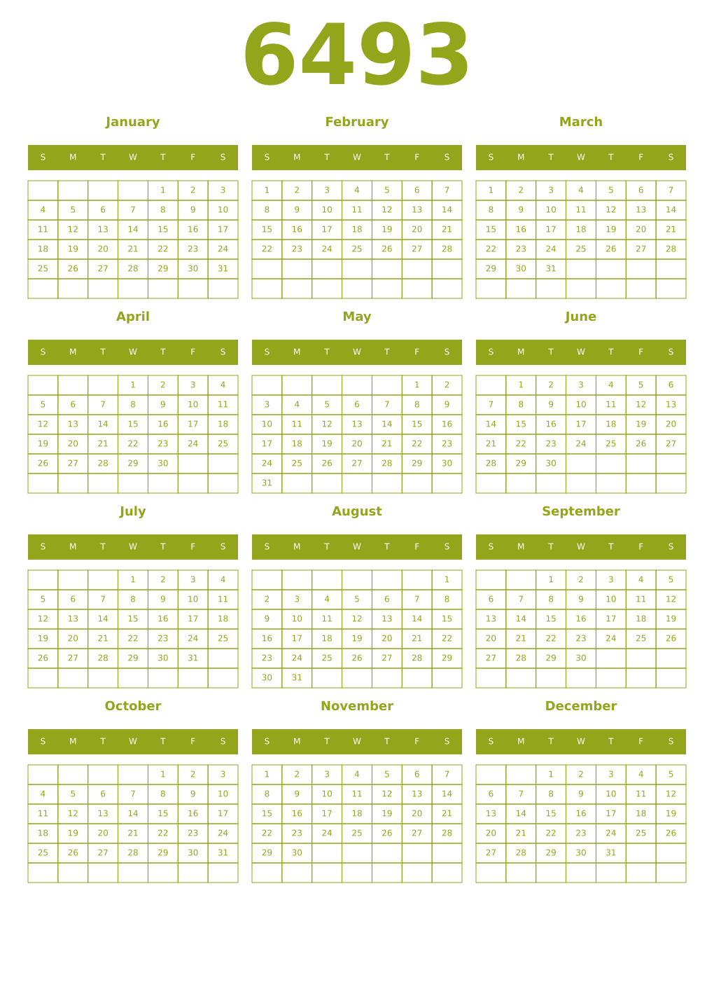 Printable 6493 Year Calendars chartreuse