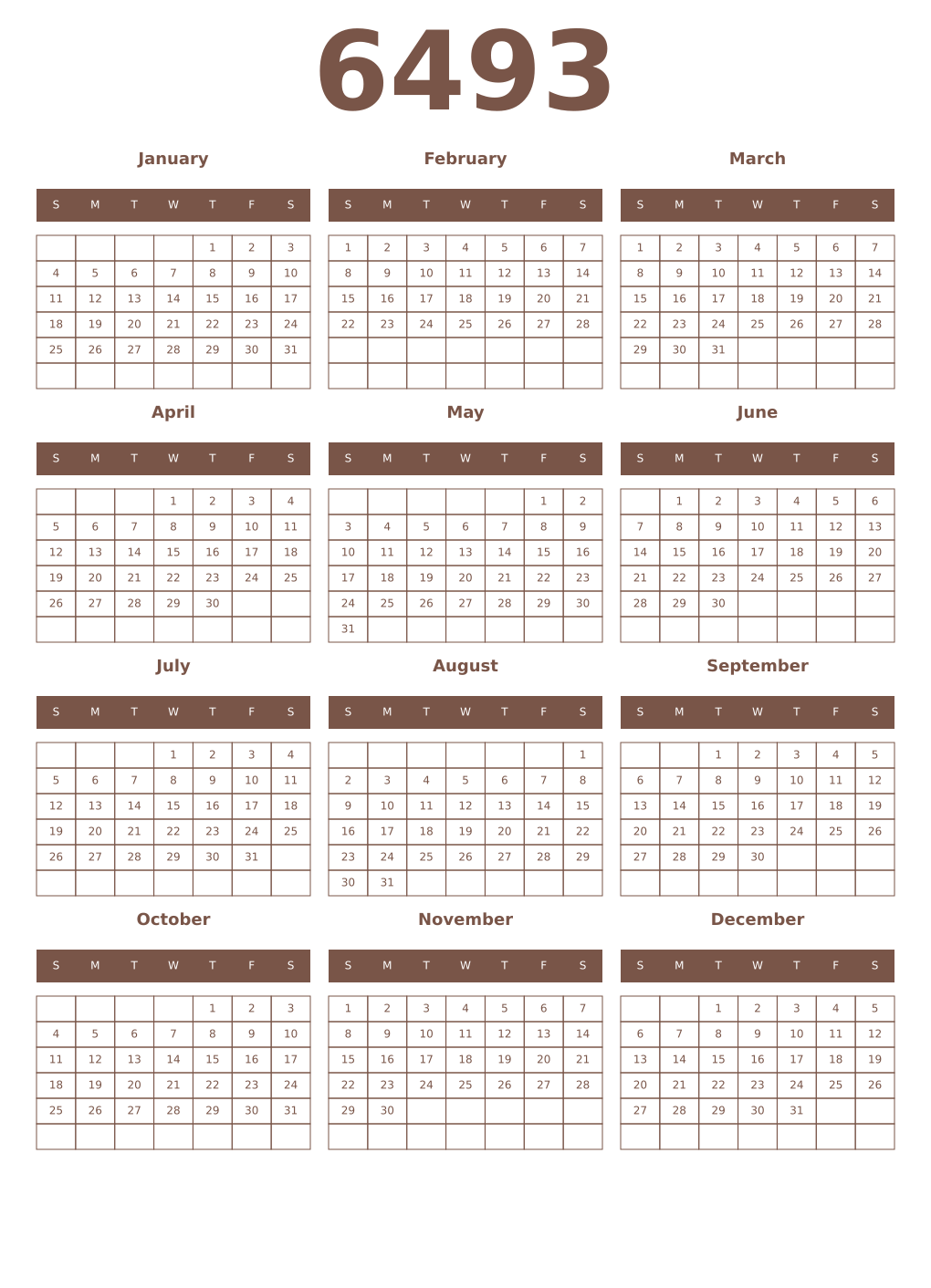 Printable 6493 Year Calendars coffe