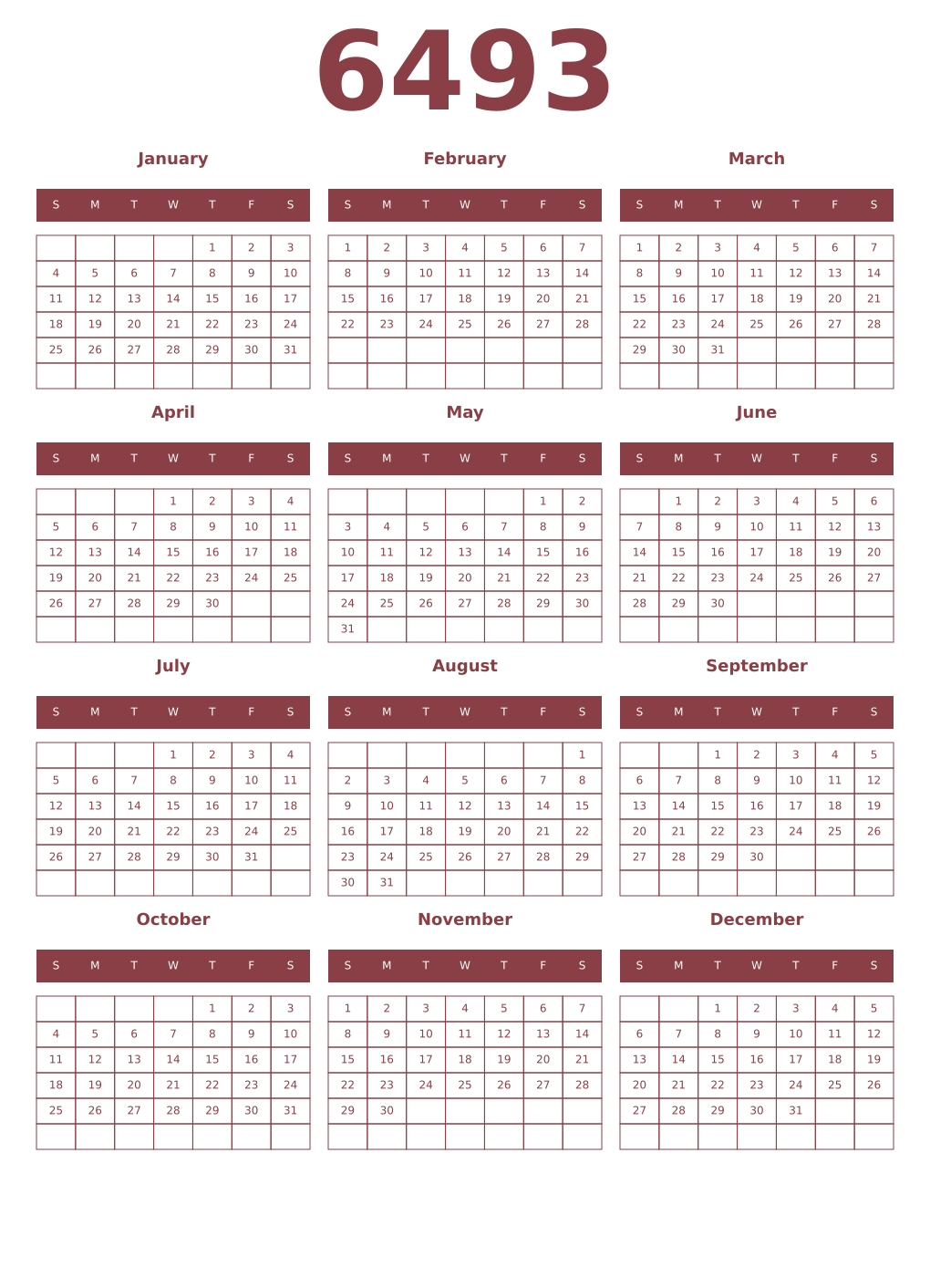 Printable 6493 Year Calendars cordovan