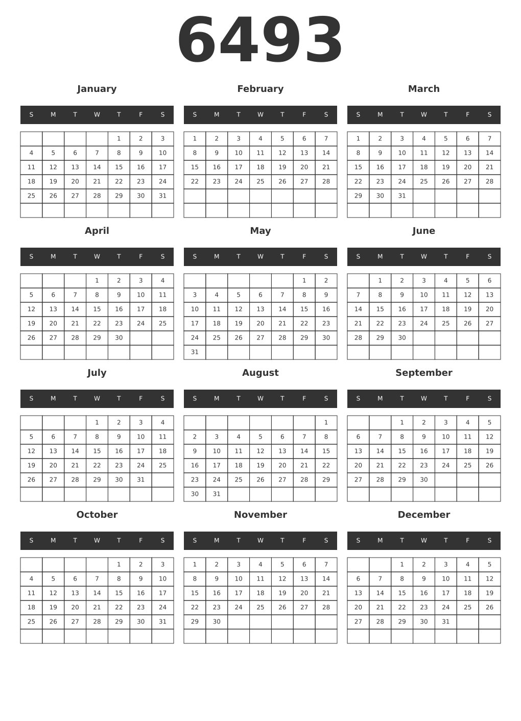 Printable 6493 Year Calendars dark