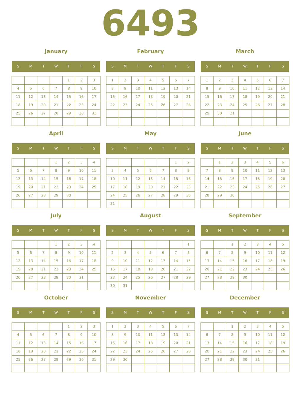 Printable 6493 Year Calendars eburnean