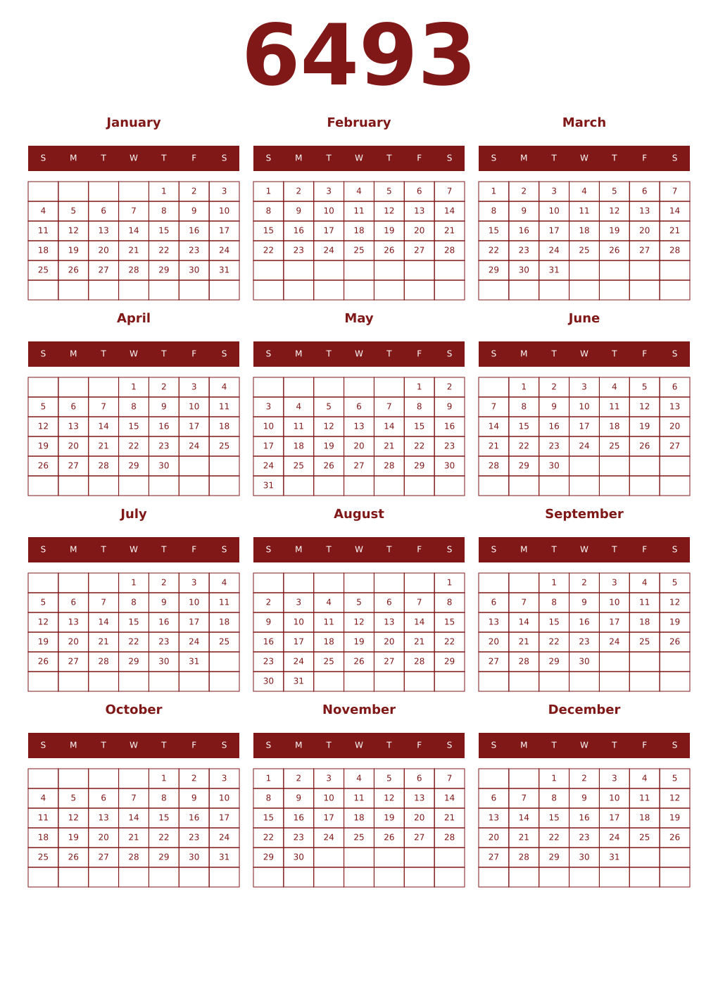 Printable 6493 Year Calendars falu