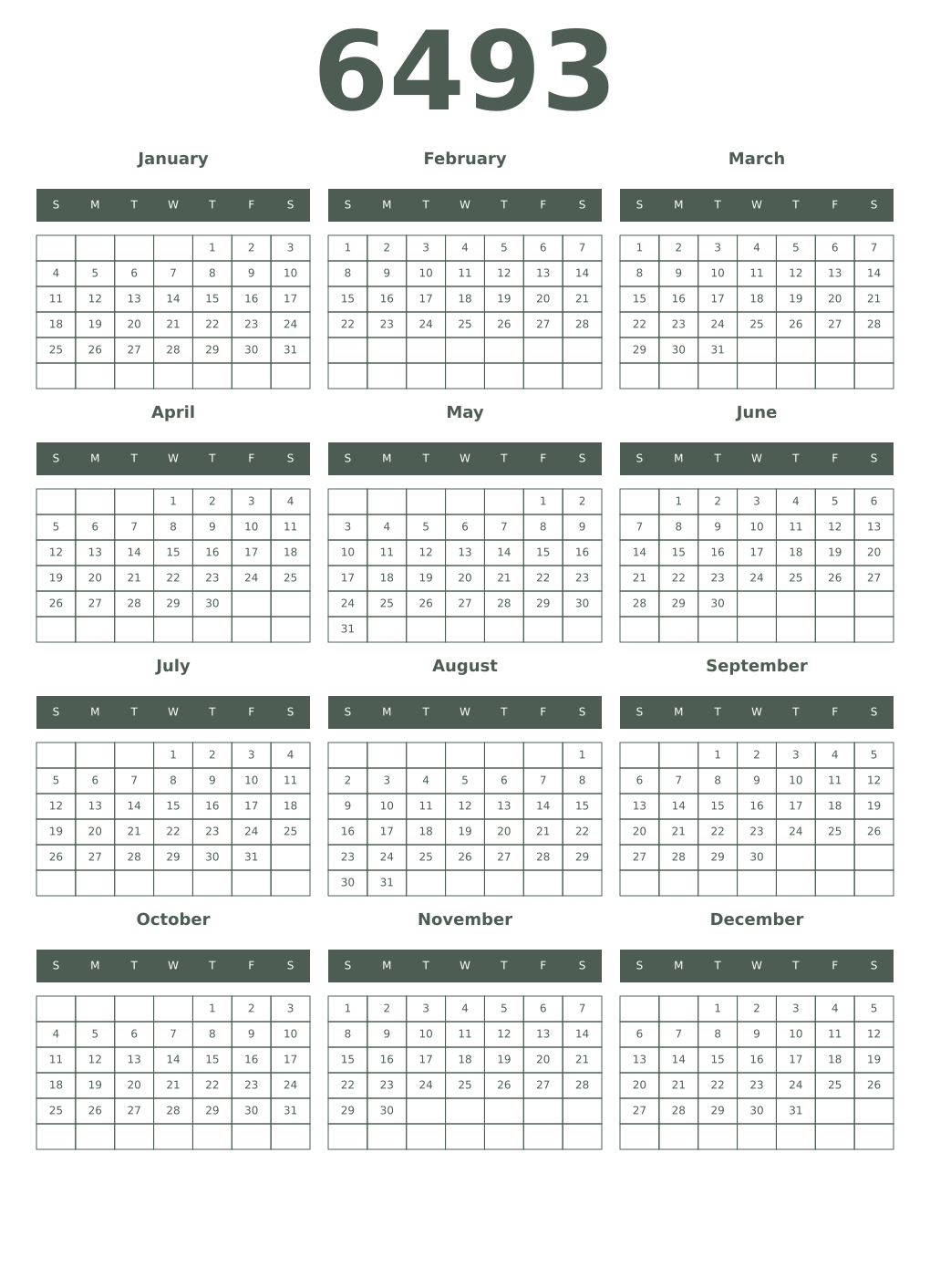 Printable 6493 Year Calendars feldgrau