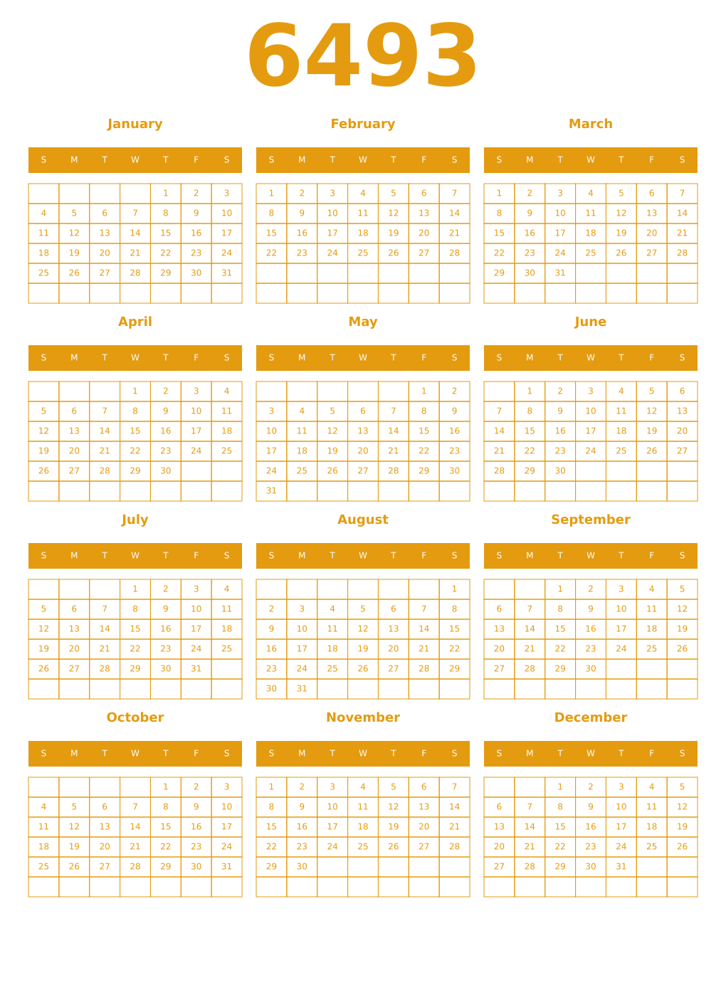 Printable 6493 Year Calendars gamboge