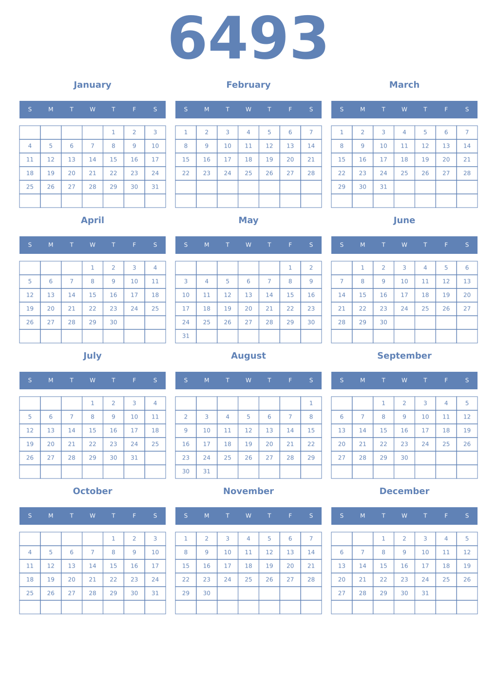 Printable 6493 Year Calendars glaucous