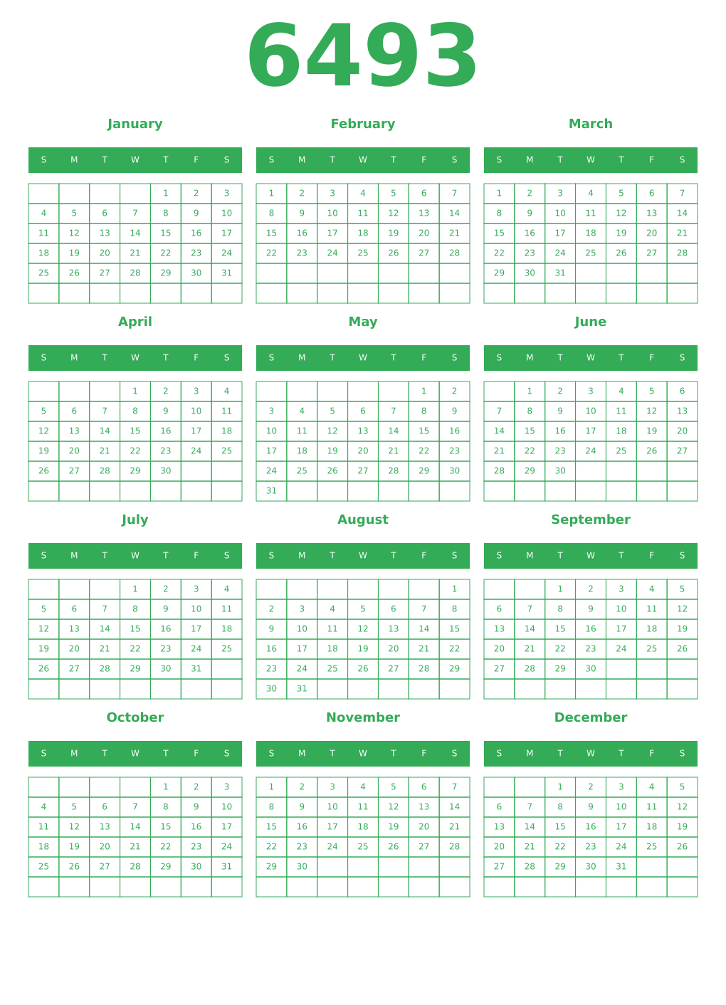 Printable 6493 Year Calendars green