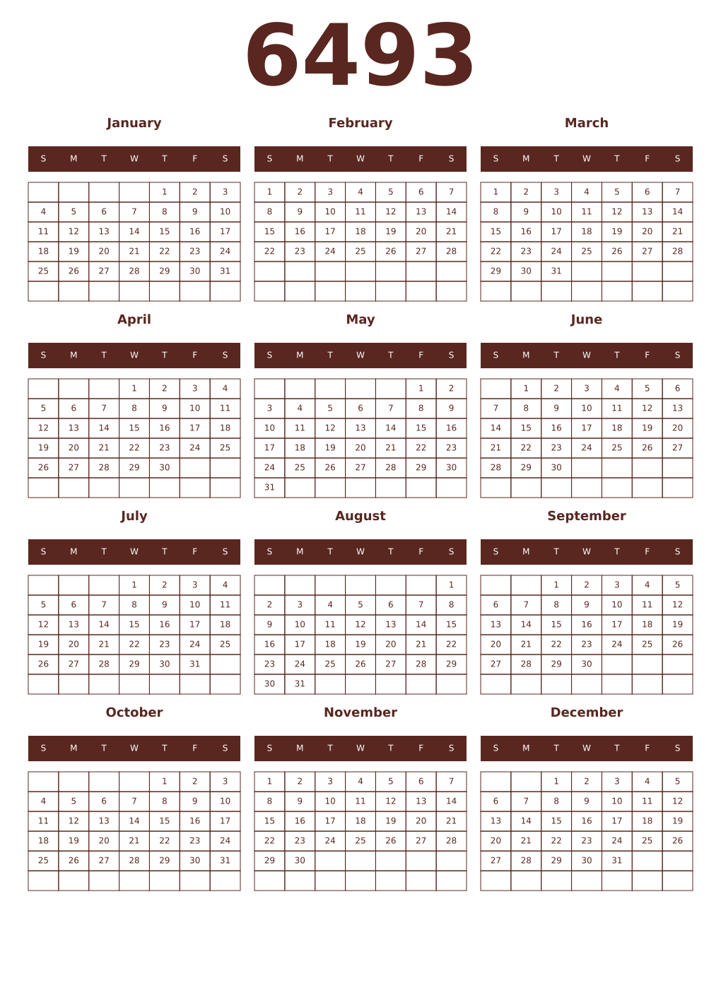 Printable 6493 Year Calendars mortuum