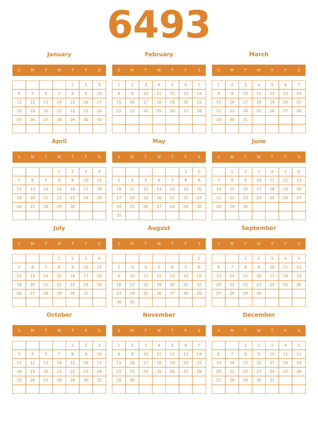 Printable 6493 Year Calendars orange