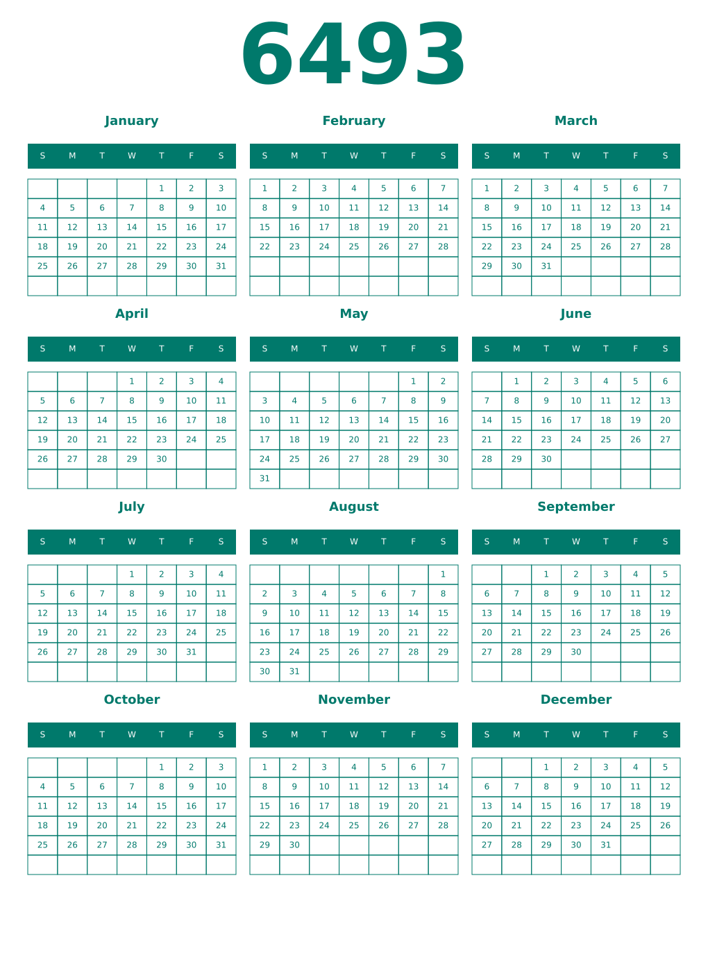 Printable 6493 Year Calendars pastel