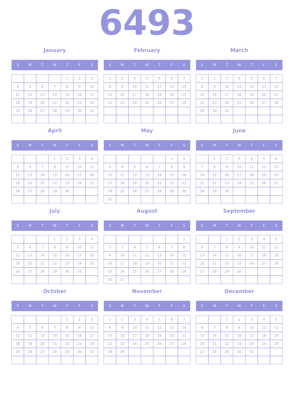 Printable 6493 Year Calendars periwinkle