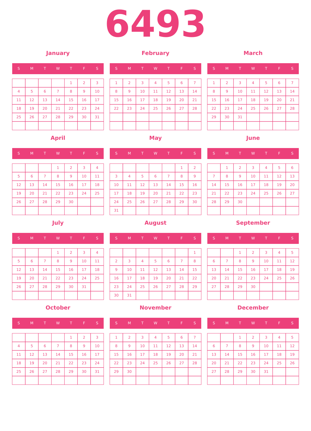 Printable 6493 Year Calendars pink