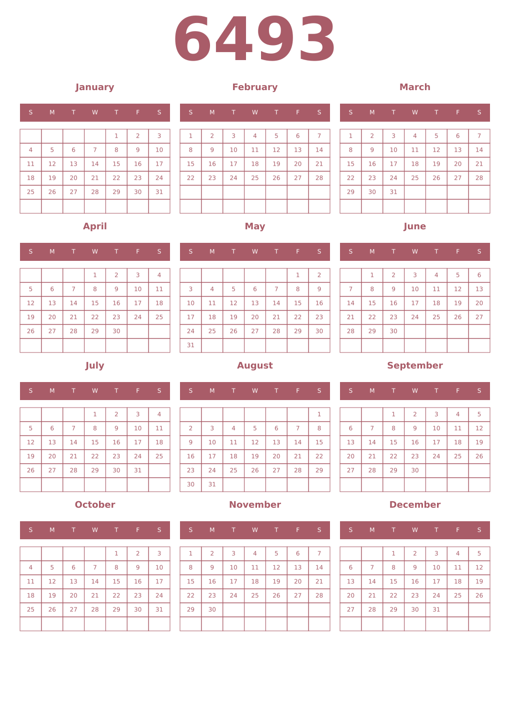 Printable 6493 Year Calendars puce