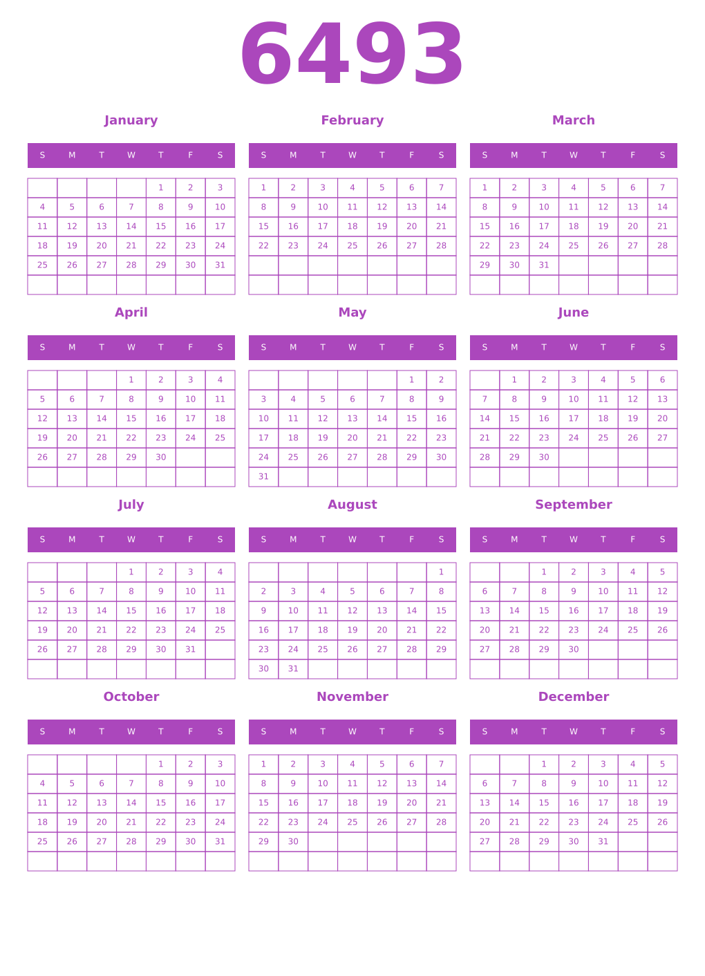 Printable 6493 Year Calendars purple