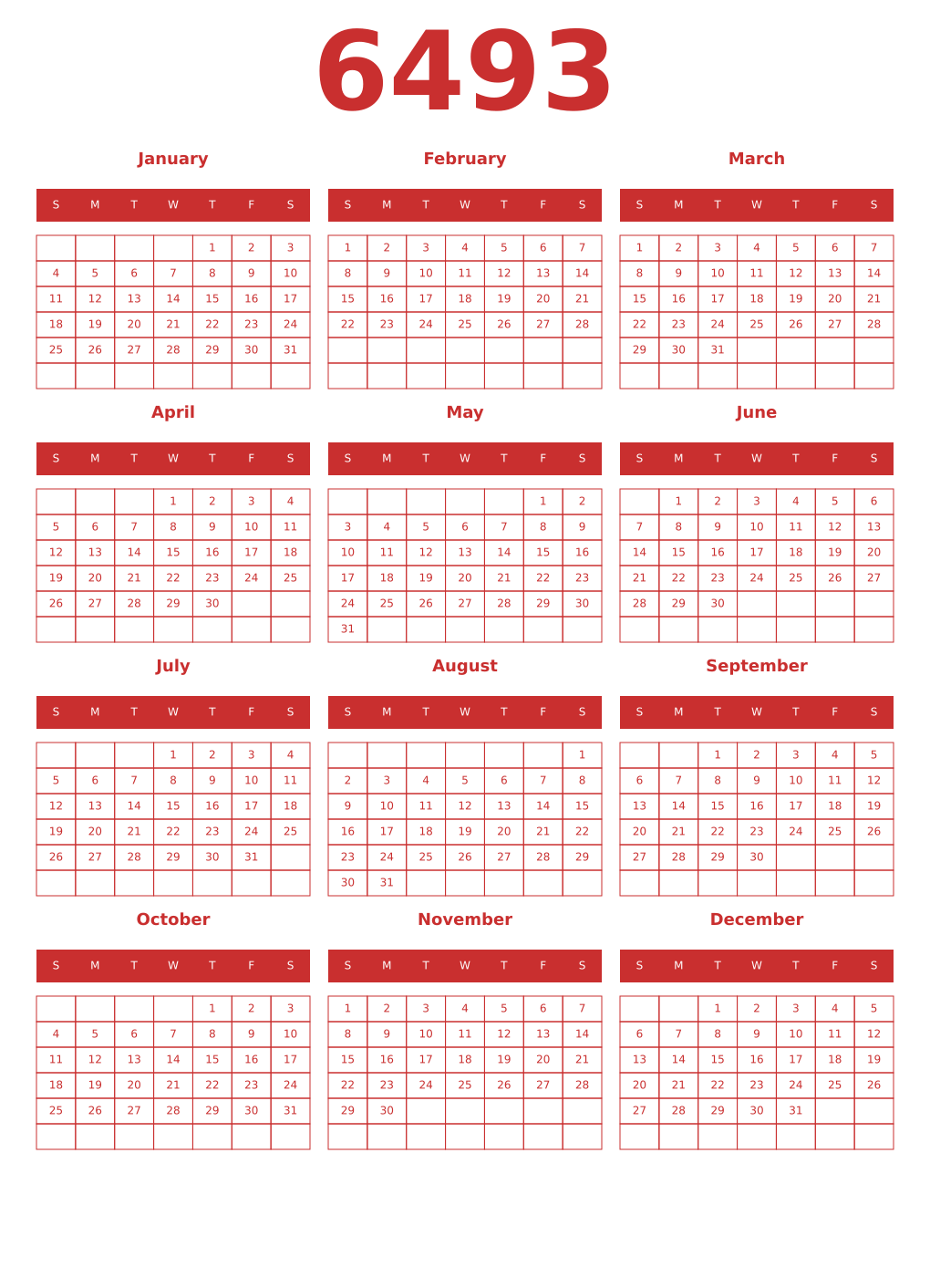 Printable 6493 Year Calendars red