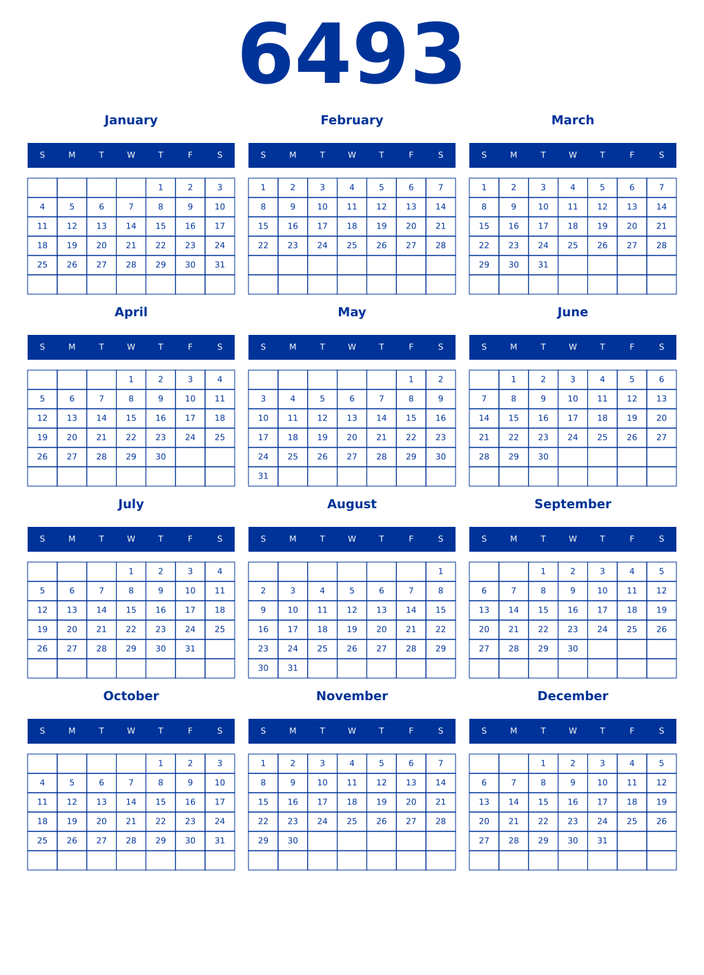 Printable 6493 Year Calendars smalt