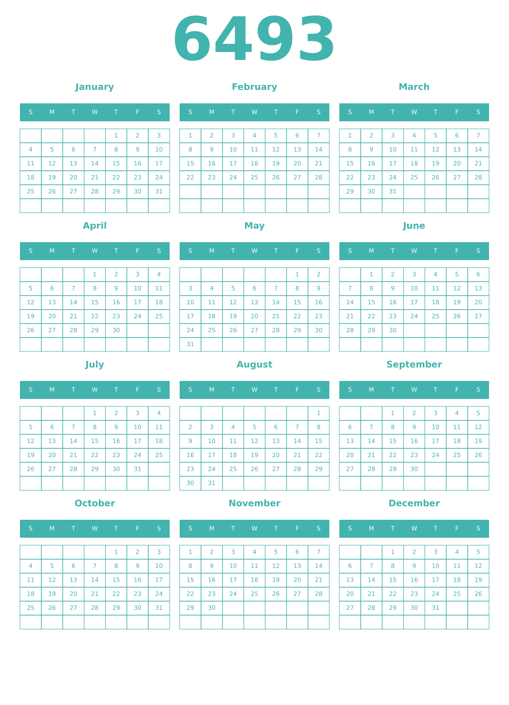 Printable 6493 Year Calendars verdigris
