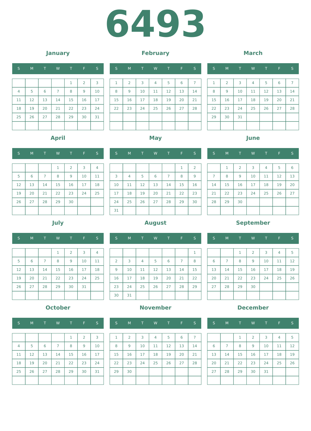 Printable 6493 Year Calendars viridian