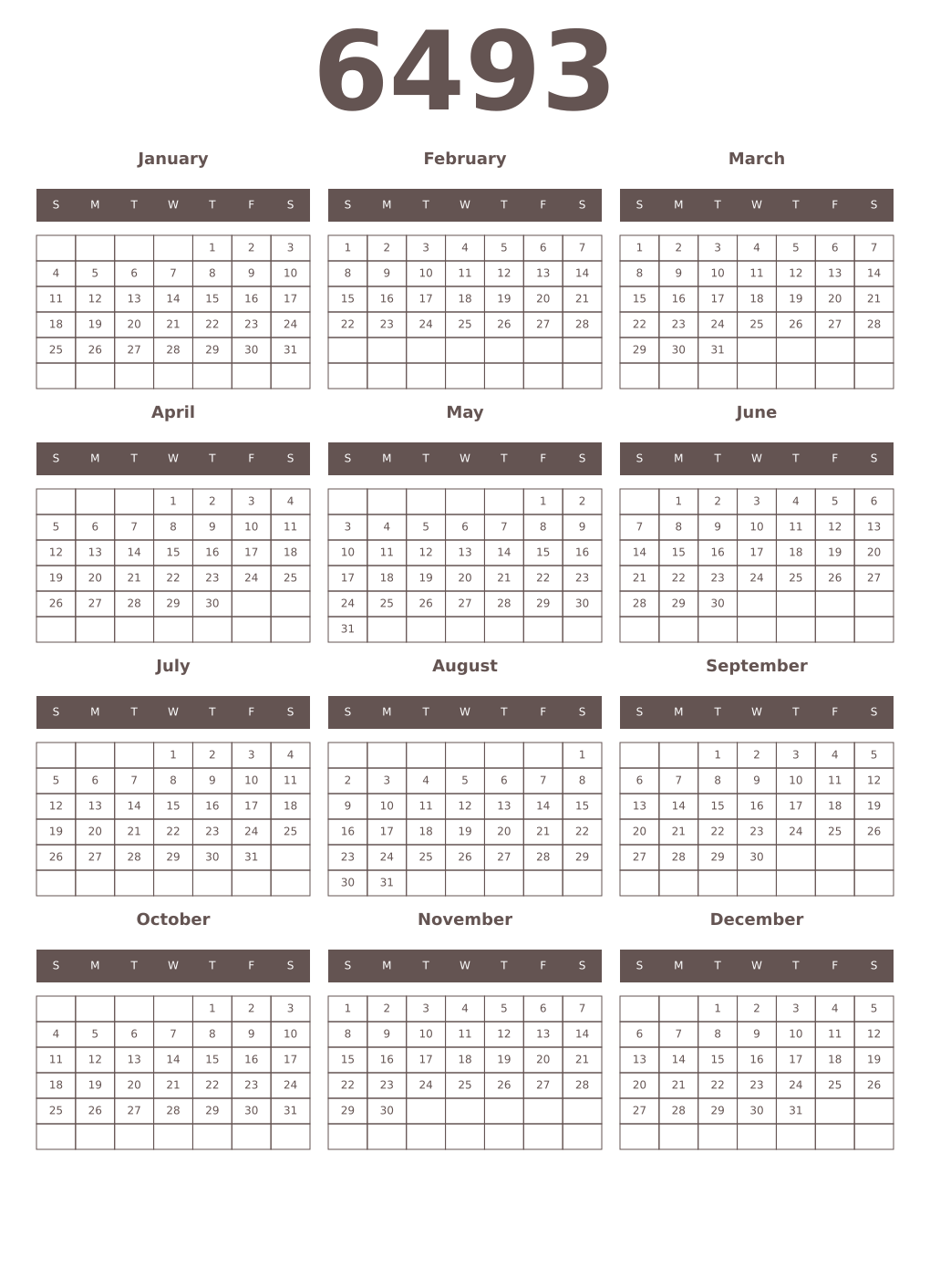 Printable 6493 Year Calendars wenge
