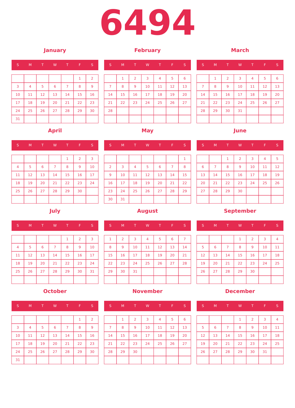 Printable 6494 Year Calendars amaranth