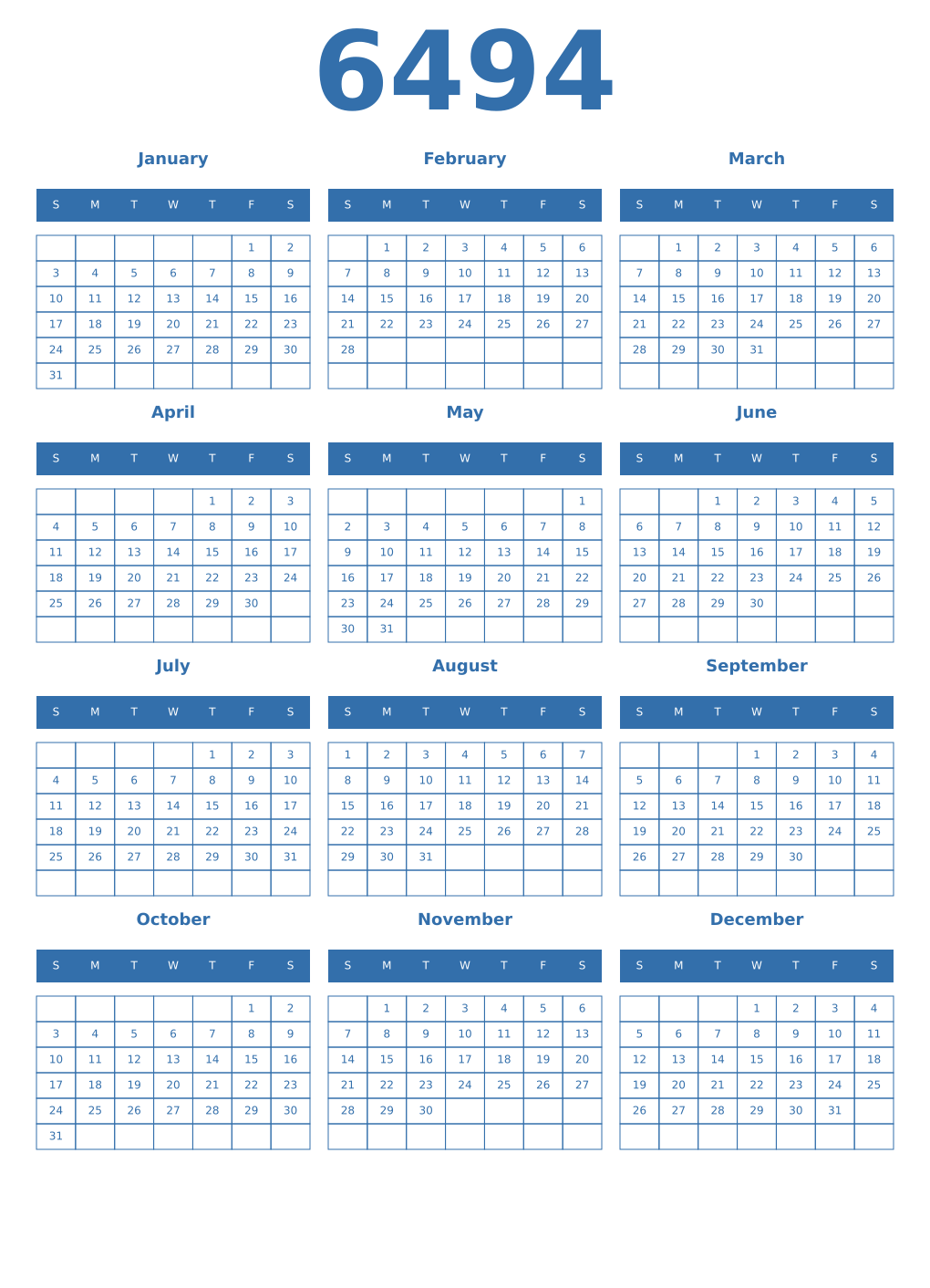 Printable 6494 Year Calendars blue