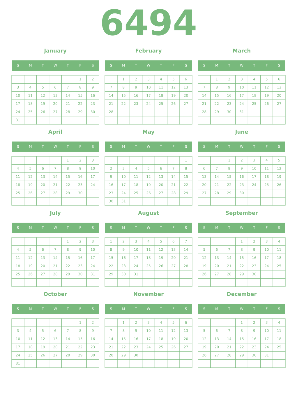 Printable 6494 Year Calendars celadon