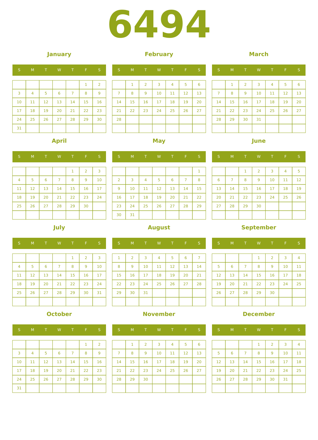 Printable 6494 Year Calendars chartreuse
