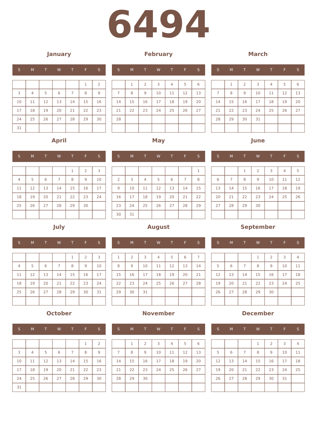 Printable 6494 Year Calendars coffe