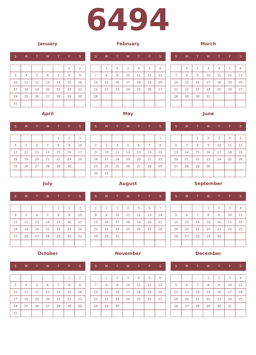 Printable 6494 Year Calendars cordovan