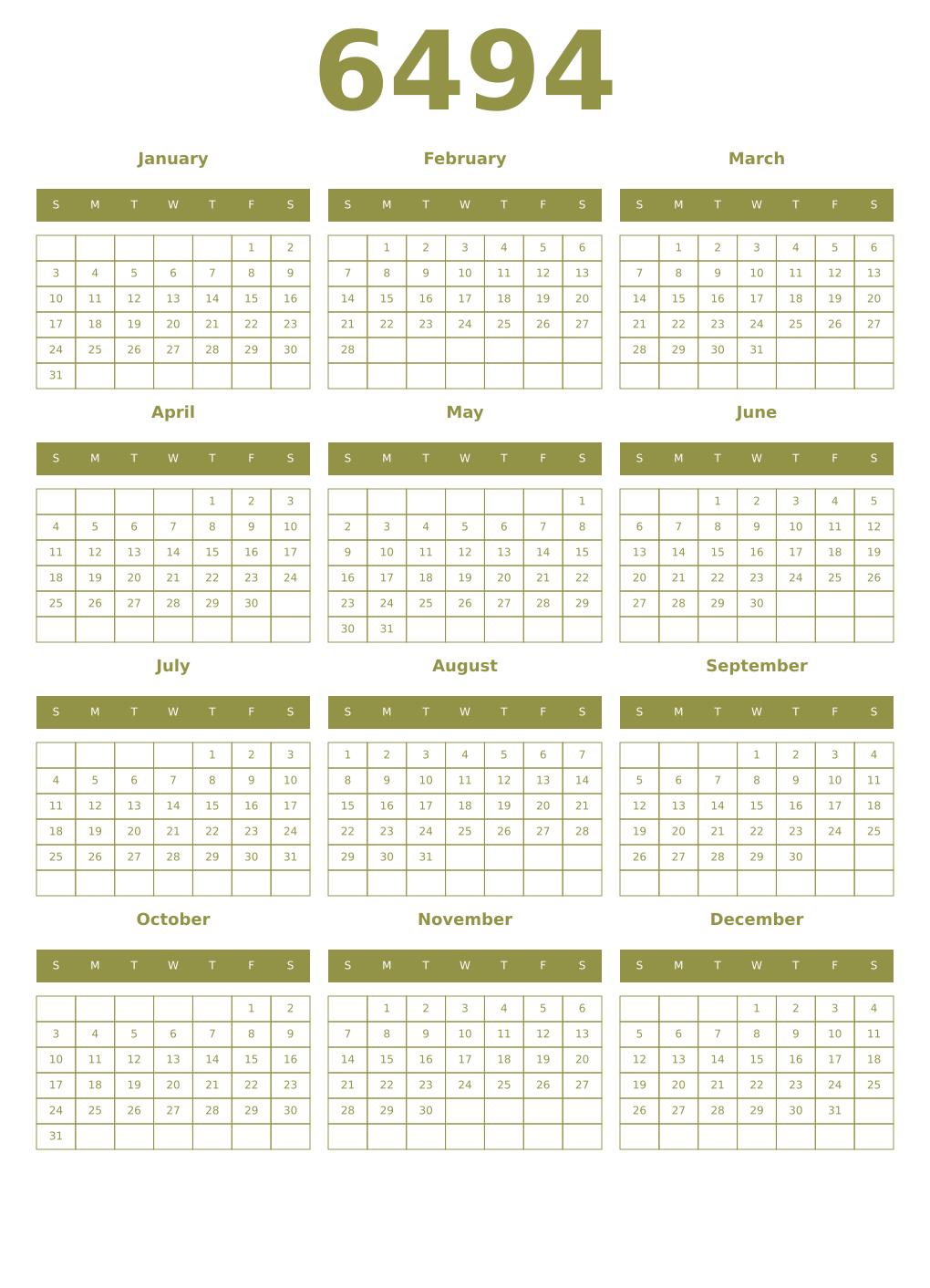 Printable 6494 Year Calendars eburnean