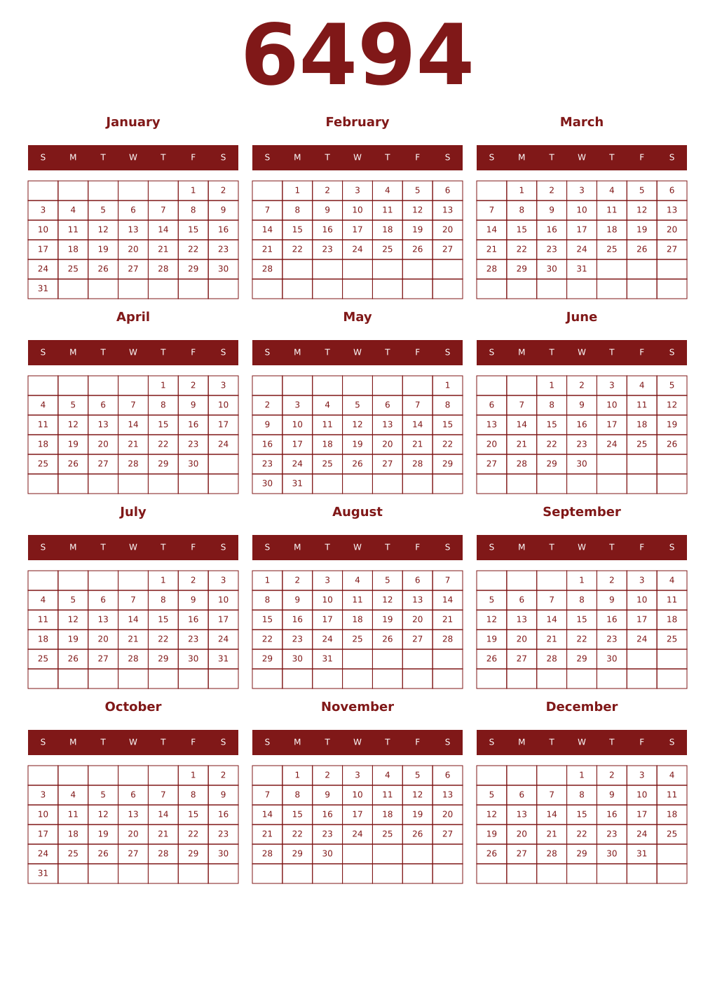 Printable 6494 Year Calendars falu