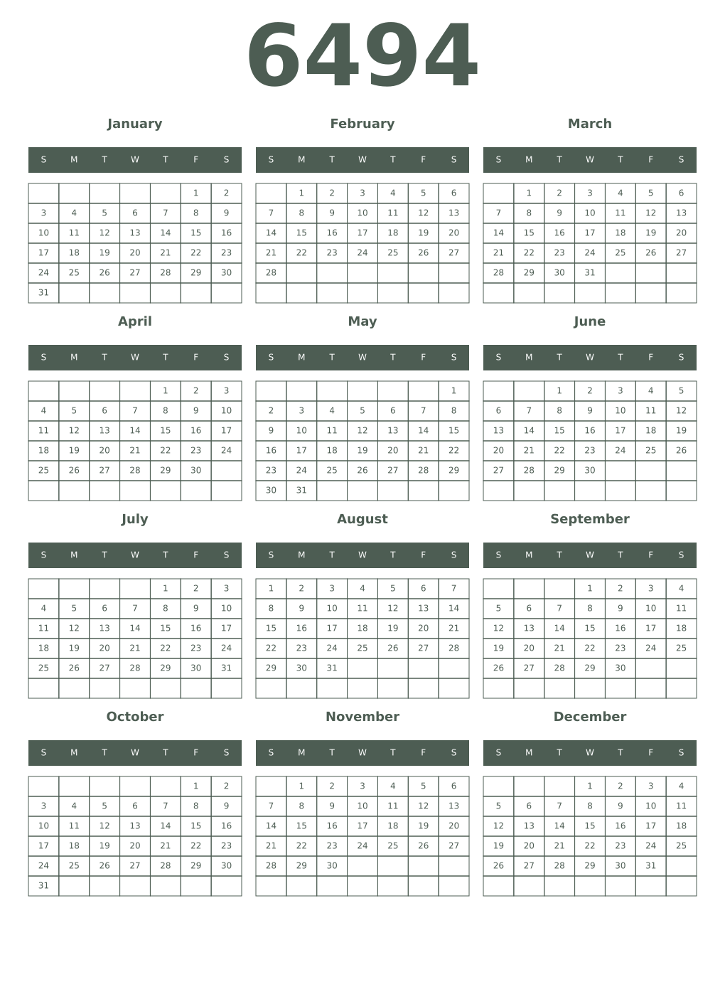 Printable 6494 Year Calendars feldgrau