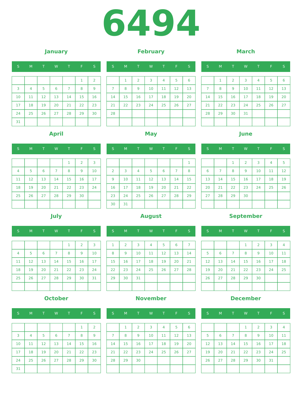 Printable 6494 Year Calendars green