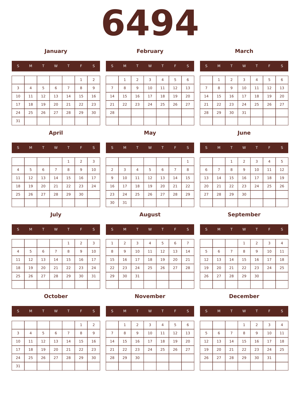 Printable 6494 Year Calendars mortuum