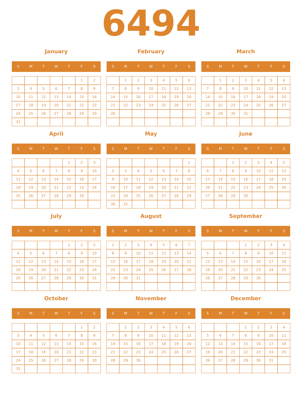 Printable 6494 Year Calendars orange