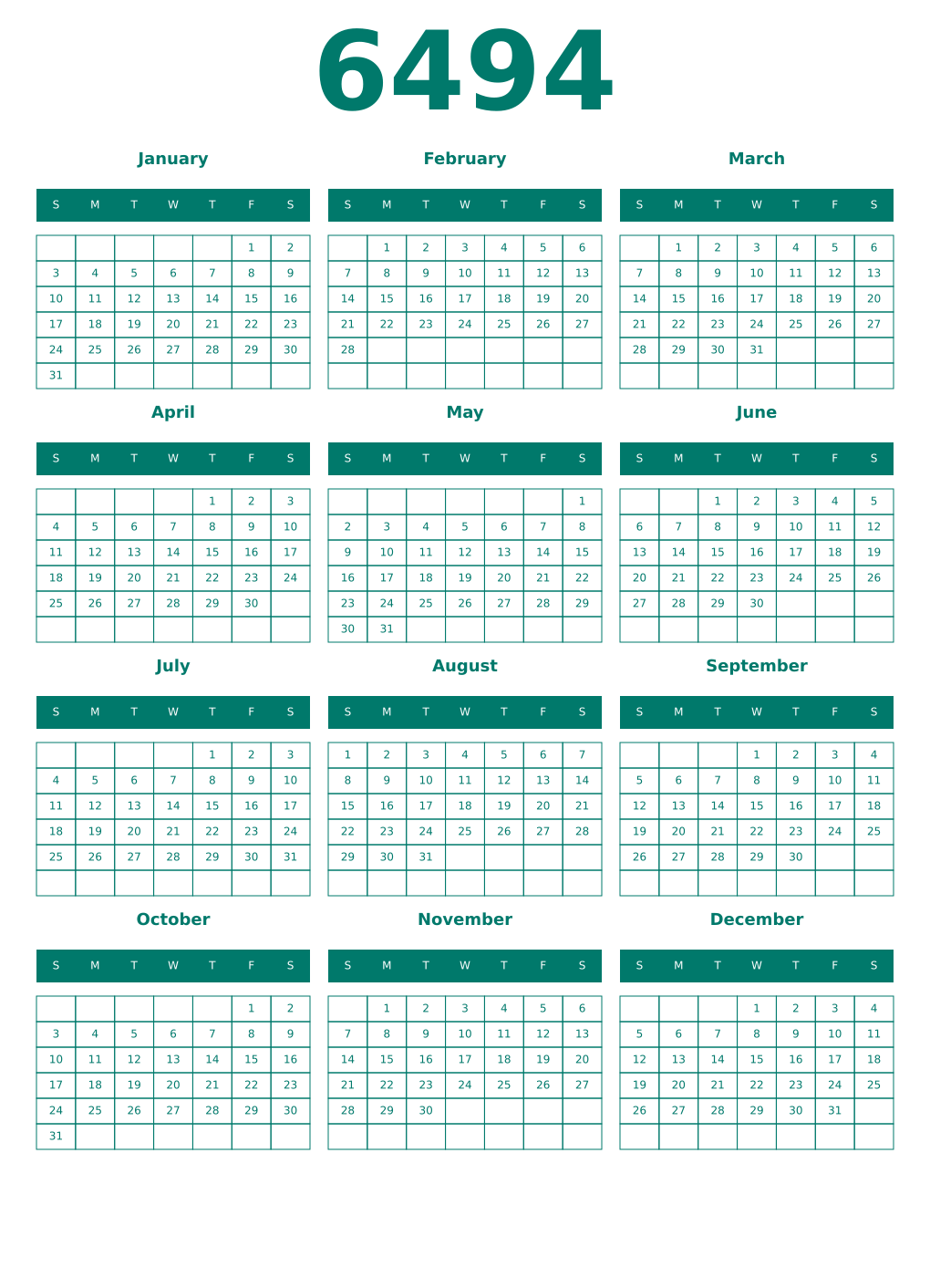 Printable 6494 Year Calendars pastel