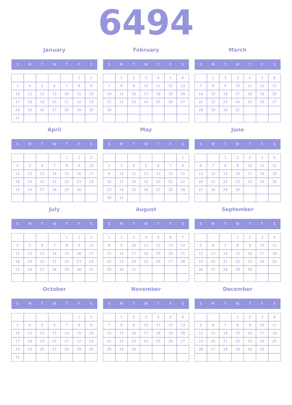 Printable 6494 Year Calendars periwinkle