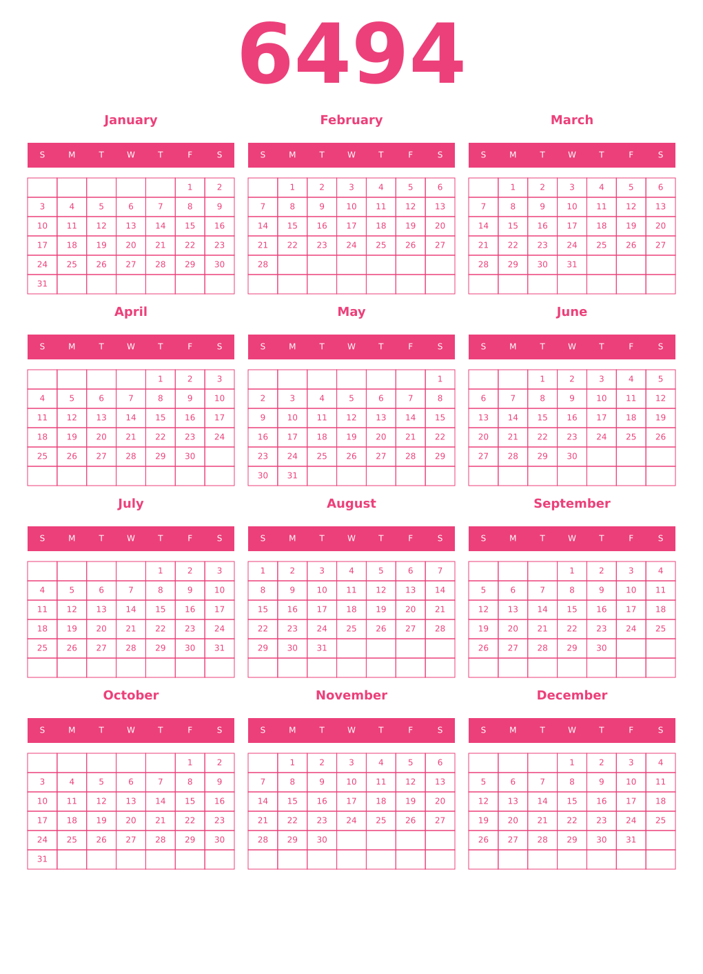 Printable 6494 Year Calendars pink
