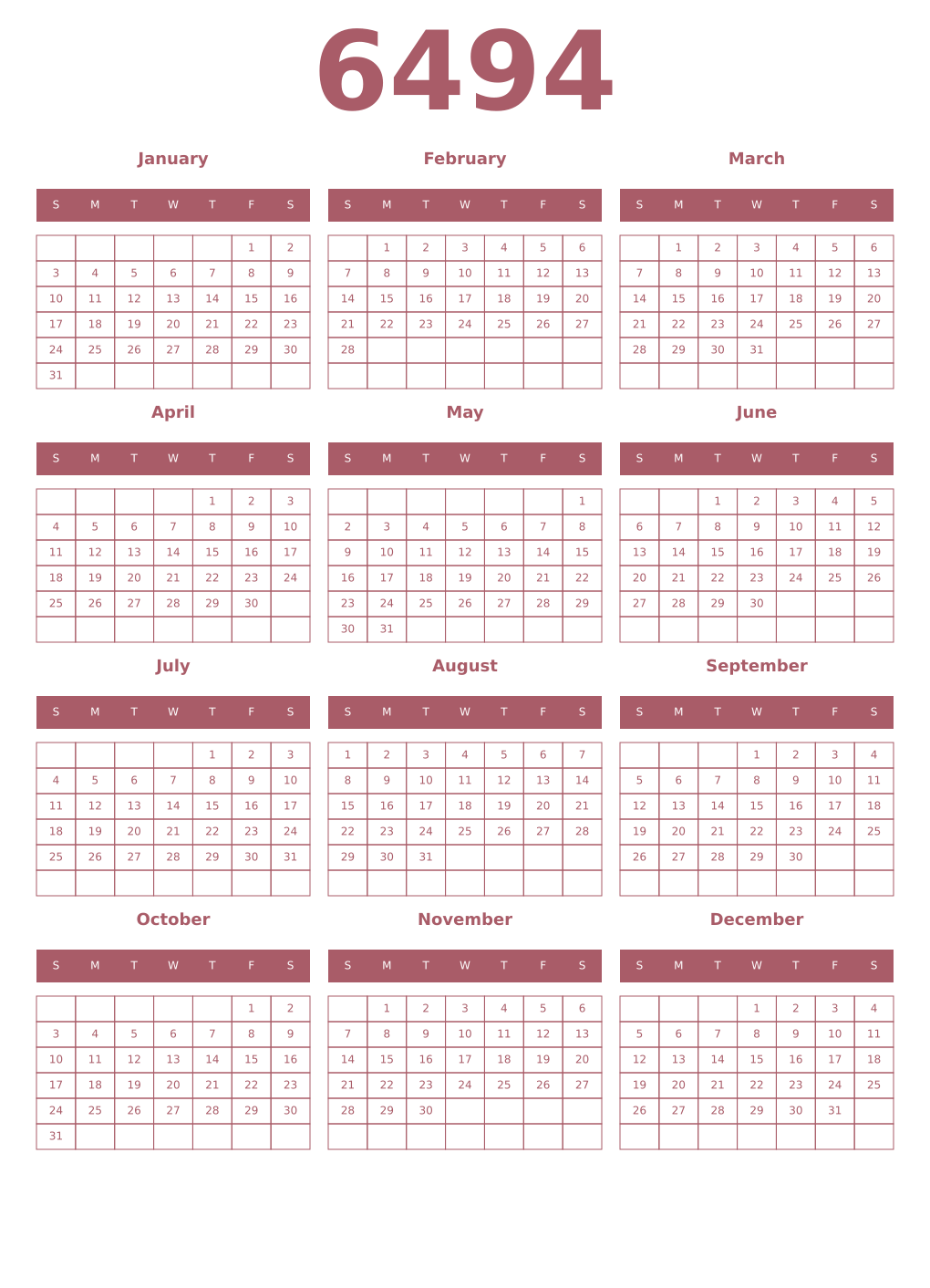Printable 6494 Year Calendars puce